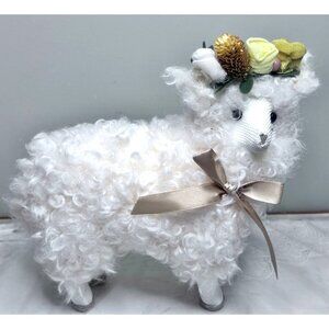 White Sheep Figurine Floral Crown Bow Critters Farm Animal Home Decor Easter